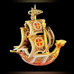 Vintage Toledo-ware Brooch Faux Damascene Spanish Galleon Ship Pirate Sp…